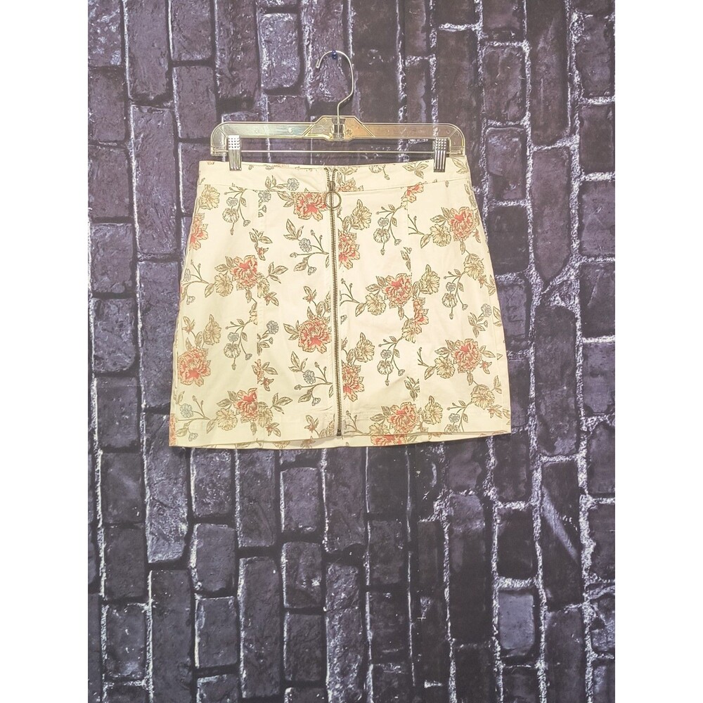 Tinseltown Floral Mini Skirt Women's Size 9/29 Cream Pink O-Ring Full Zip Front - Picture 2 of 3
